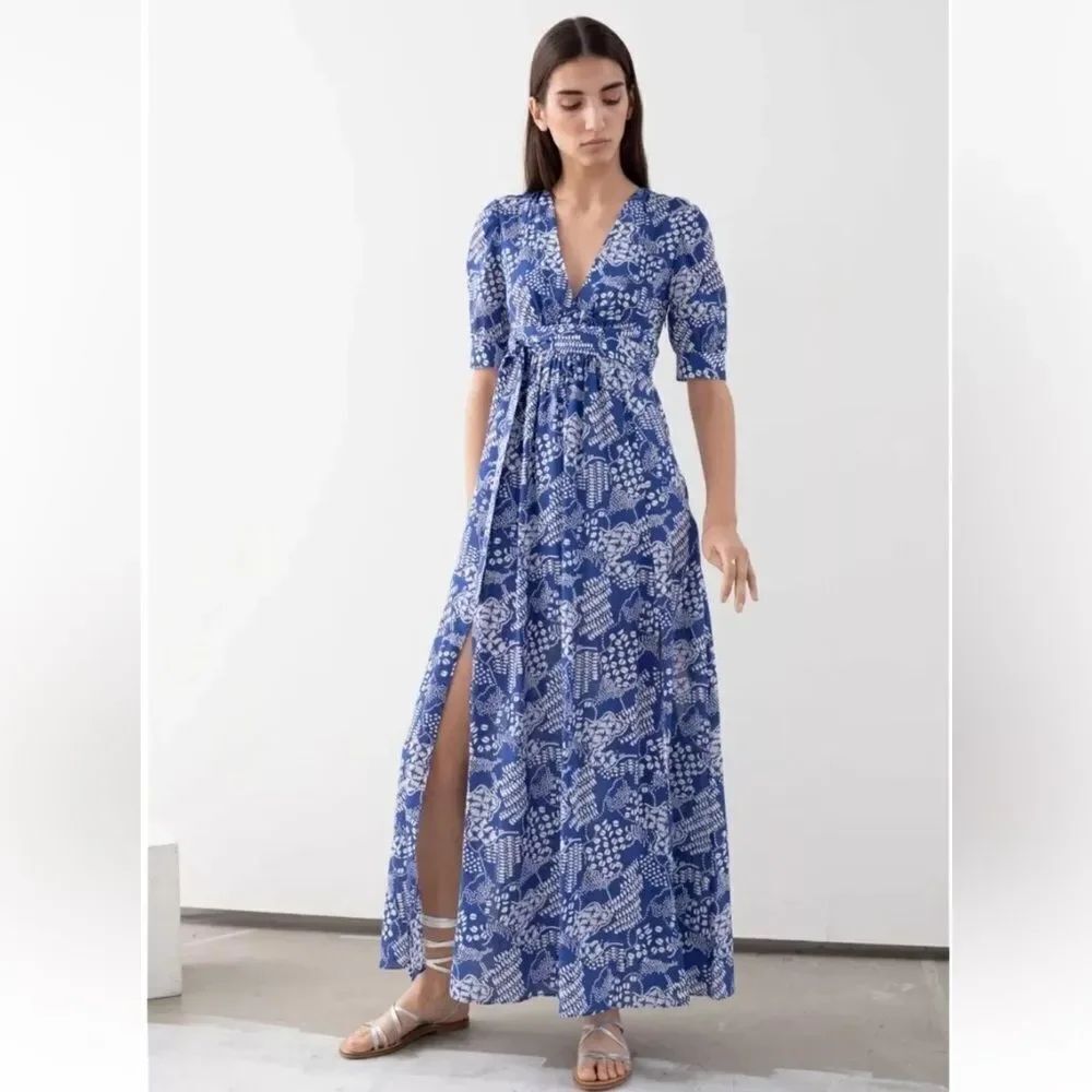 &Other Stories Cotton Blend Coffee Bean Blue Floral Maxi Dress size 0